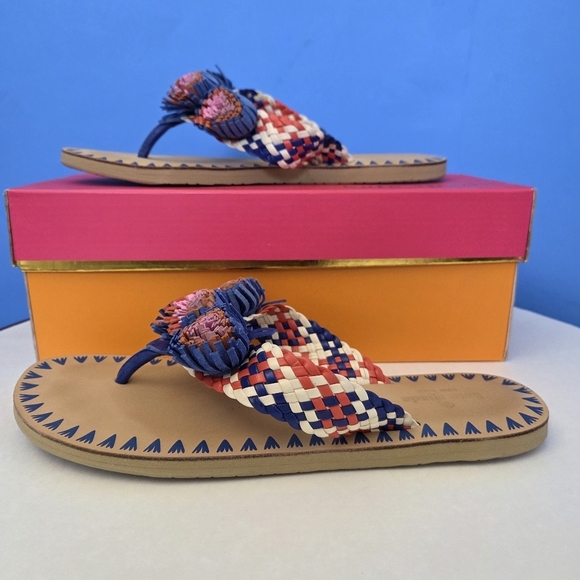 Kate Spade Idette Fringe Rosette Pom Sandal Flip Flop Blue Tangelo Tan Women’s 9 - Picture 6 of 15